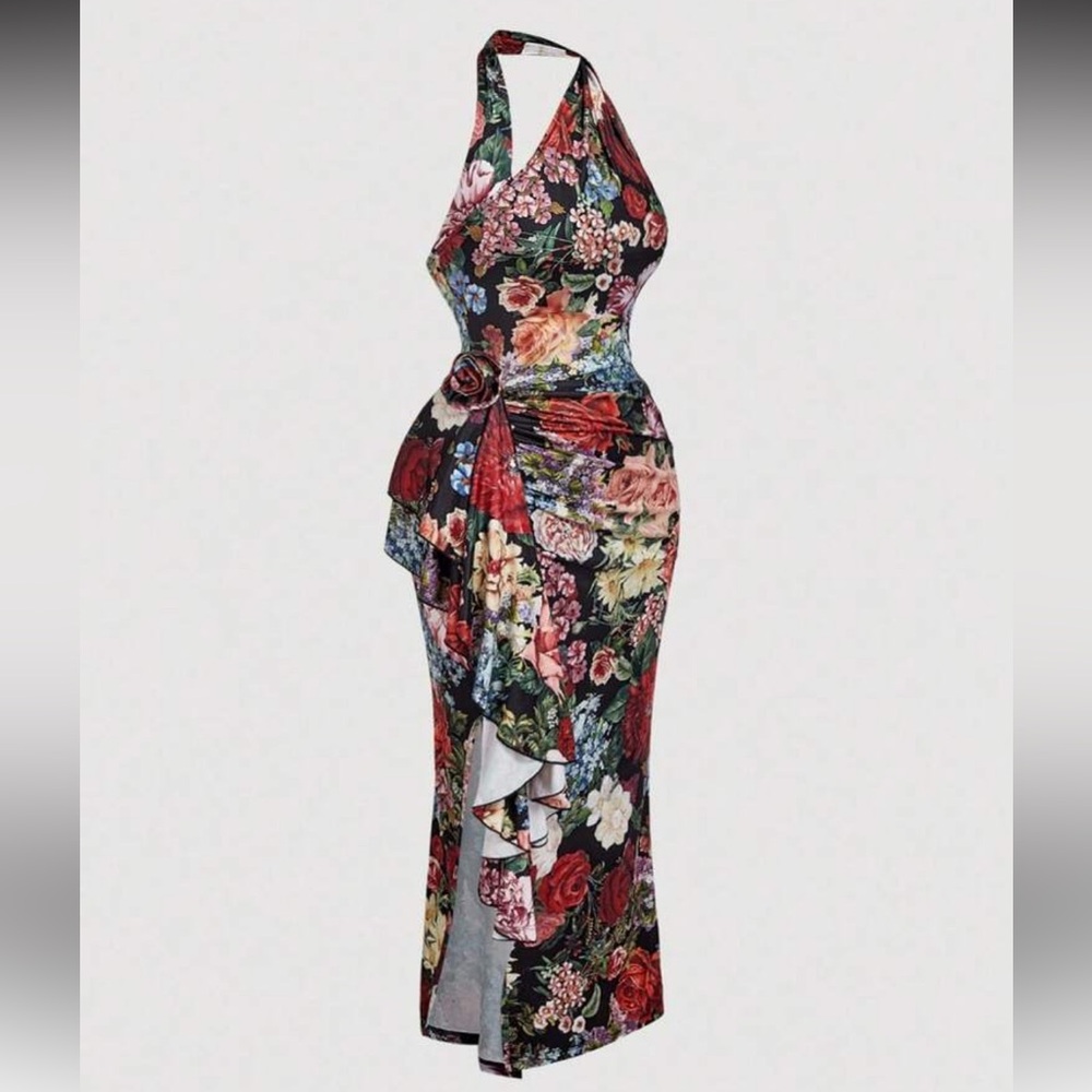 Floral Ruffle Wrap Midi Dress - Black Multi